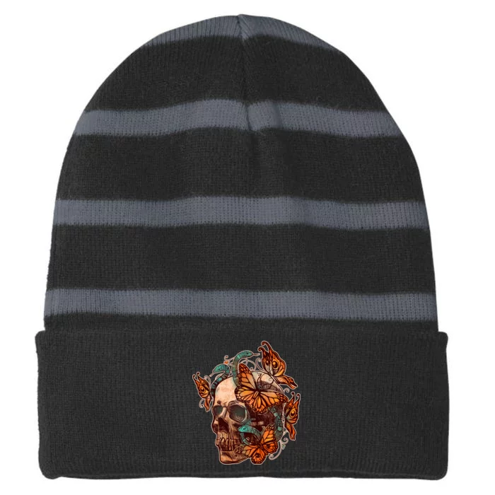 Vintage Graphic Skull Snakes And Butterflies Striped Beanie with Solid Band