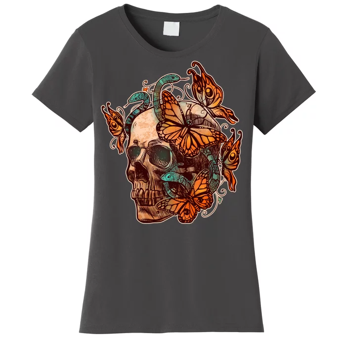 Vintage Graphic Skull Snakes And Butterflies Women's T-Shirt