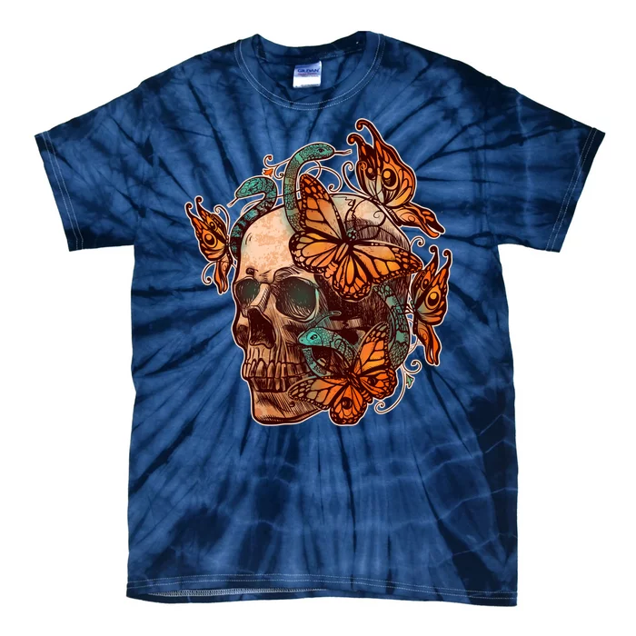 Vintage Graphic Skull Snakes And Butterflies Tie-Dye T-Shirt