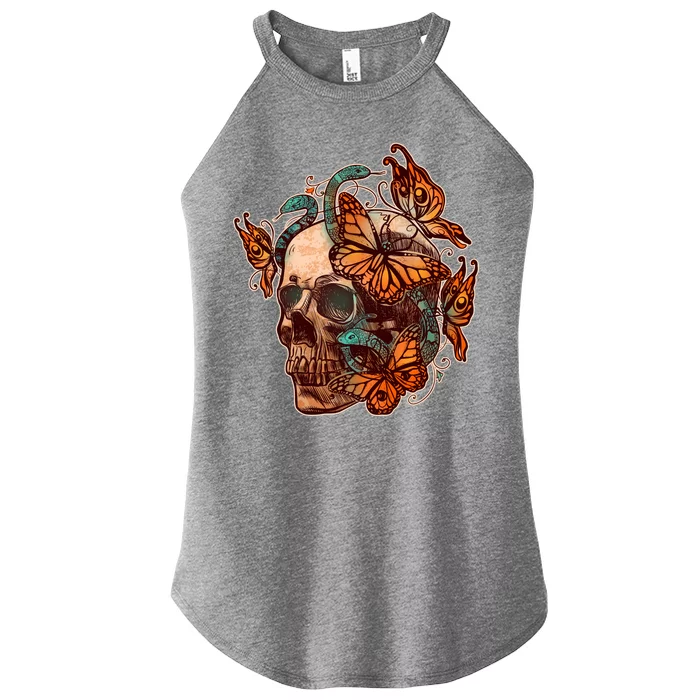 Vintage Graphic Skull Snakes And Butterflies Women’s Perfect Tri Rocker Tank