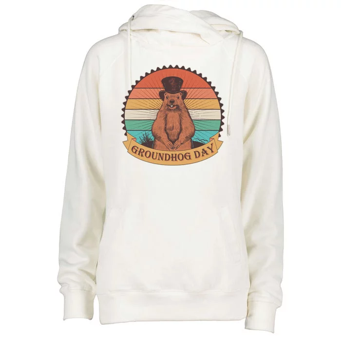 Vintage Groundhog Day Emblem Womens Funnel Neck Pullover Hood