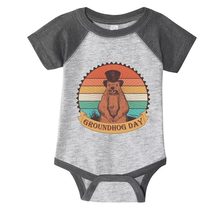 Vintage Groundhog Day Emblem Infant Baby Jersey Bodysuit