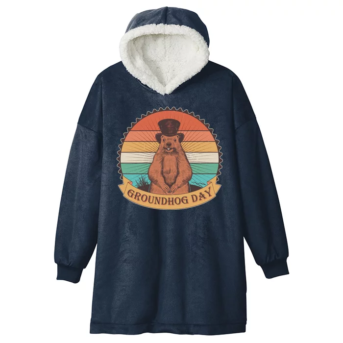 Vintage Groundhog Day Emblem Hooded Wearable Blanket