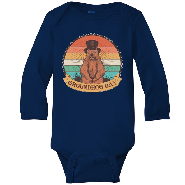 Vintage Groundhog Day Emblem Baby Long Sleeve Bodysuit