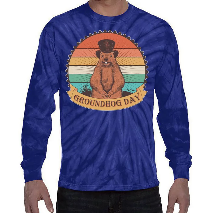 Vintage Groundhog Day Emblem Tie-Dye Long Sleeve Shirt