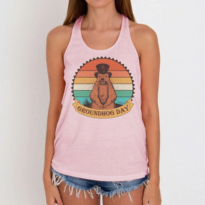 Vintage Groundhog Day Emblem Women's Knotted Racerback Tank