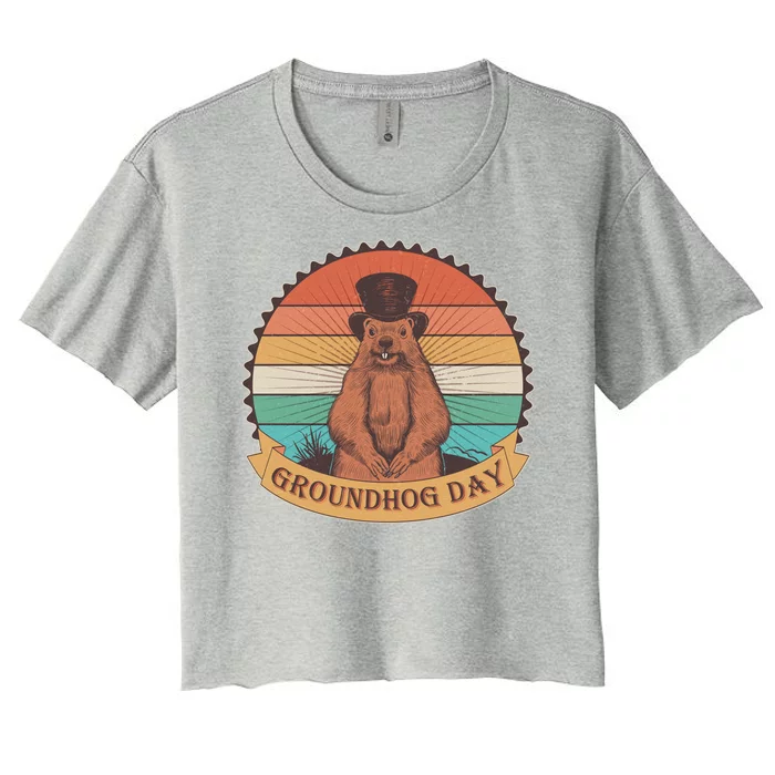 Vintage Groundhog Day Emblem Women's Crop Top Tee