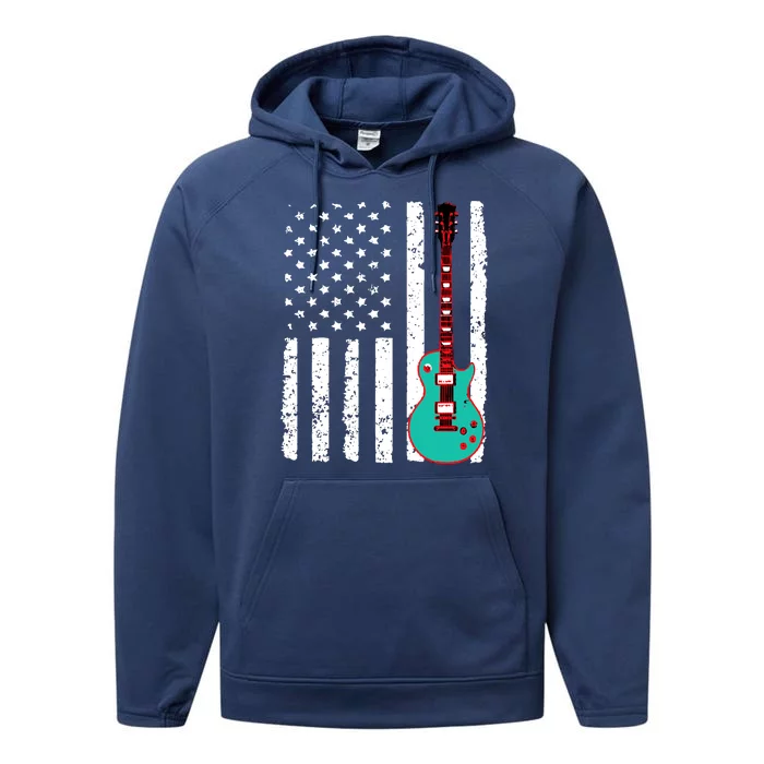 Vintage Guitar American Flag Performance Fleece Hoodie