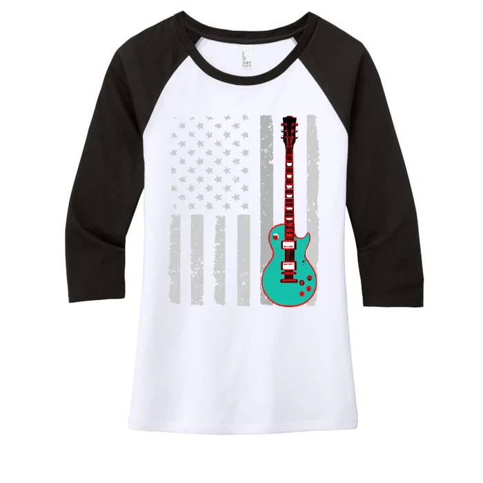 Vintage Guitar American Flag Women's Tri-Blend 3/4-Sleeve Raglan Shirt