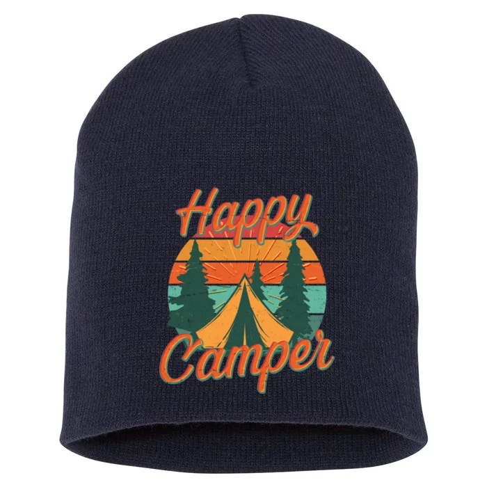 Vintage Happy Camper Emblem Short Acrylic Beanie