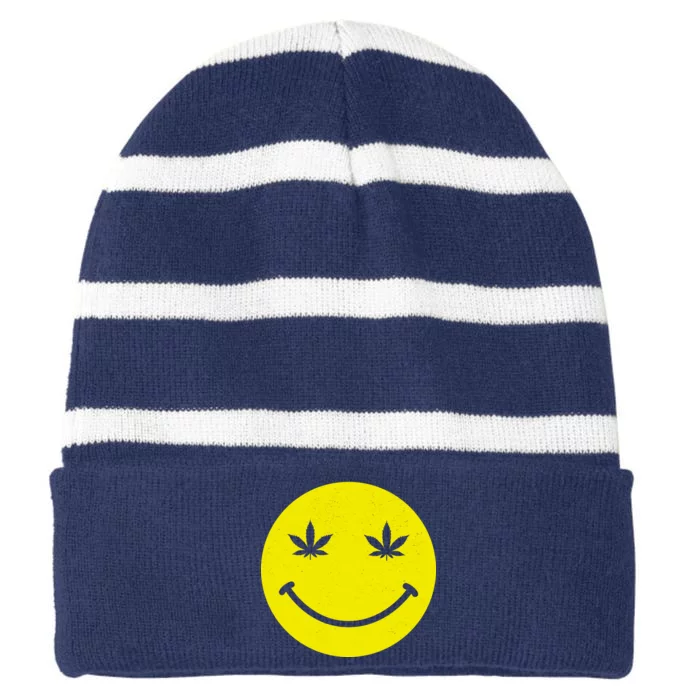 Vintage Happy Pot Smiley Face Striped Beanie with Solid Band