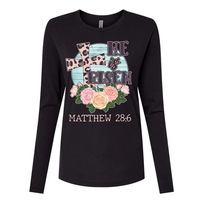 Vintage He is Risen Matthew 28:6 Floral Leopard Print Womens Cotton Relaxed Long Sleeve T-Shirt