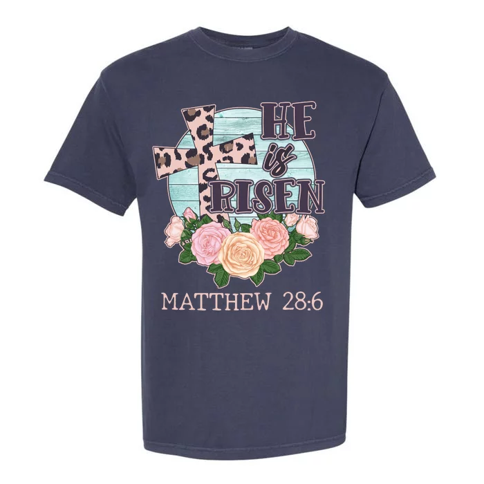 Vintage He is Risen Matthew 28:6 Floral Leopard Print Garment-Dyed Heavyweight T-Shirt