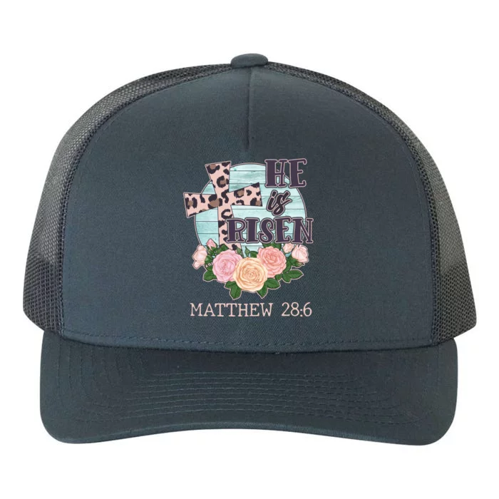 Vintage He is Risen Matthew 28:6 Floral Leopard Print Yupoong Adult 5-Panel Trucker Hat