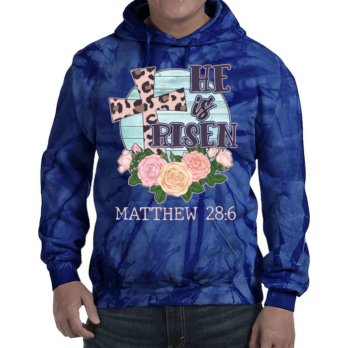 Vintage He is Risen Matthew 28:6 Floral Leopard Print Tie Dye Hoodie