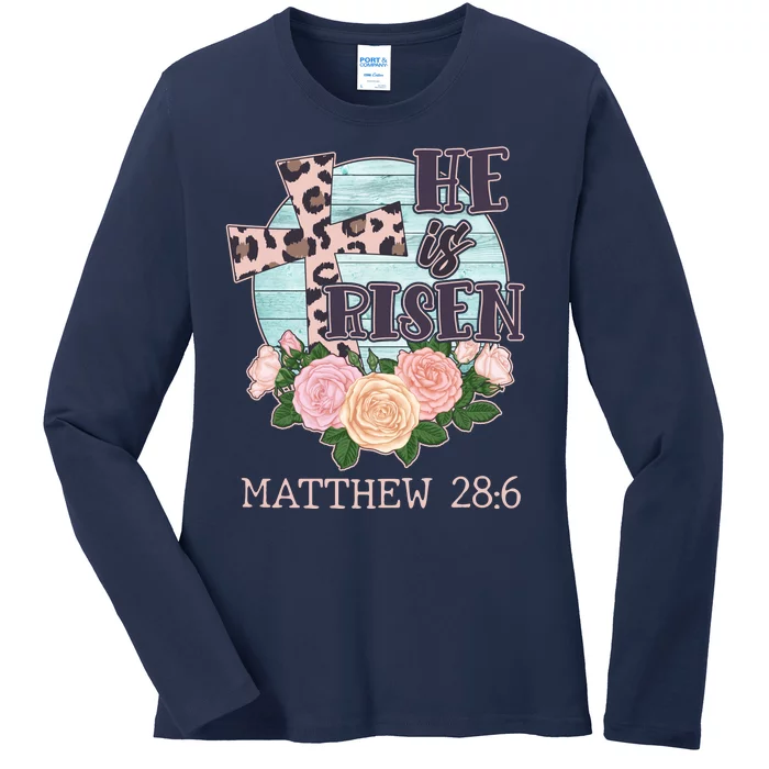 Vintage He is Risen Matthew 28:6 Floral Leopard Print Ladies Long Sleeve Shirt