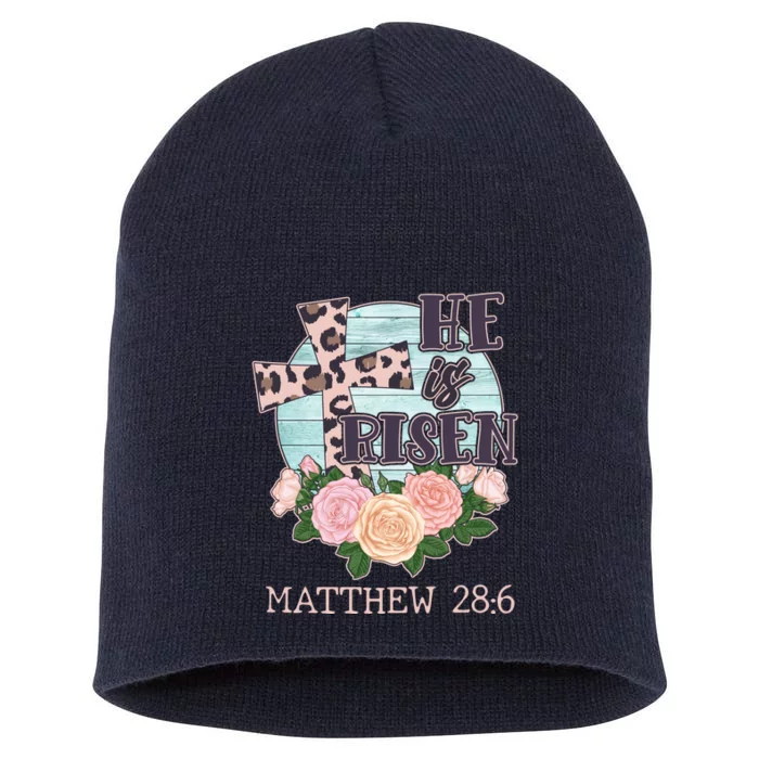 Vintage He is Risen Matthew 28:6 Floral Leopard Print Short Acrylic Beanie