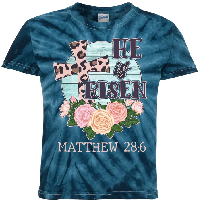 Vintage He is Risen Matthew 28:6 Floral Leopard Print Kids Tie-Dye T-Shirt