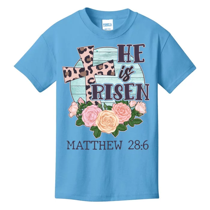 Vintage He is Risen Matthew 28:6 Floral Leopard Print Kids T-Shirt