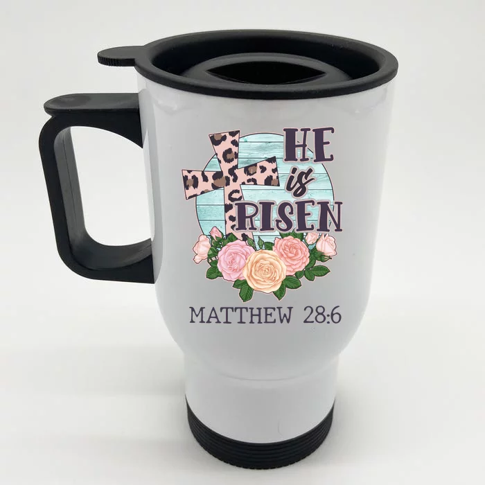 Vintage He is Risen Matthew 28:6 Floral Leopard Print Front & Back Stainless Steel Travel Mug