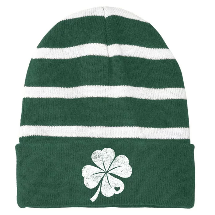 Vintage Irish Clover Heart Striped Beanie with Solid Band