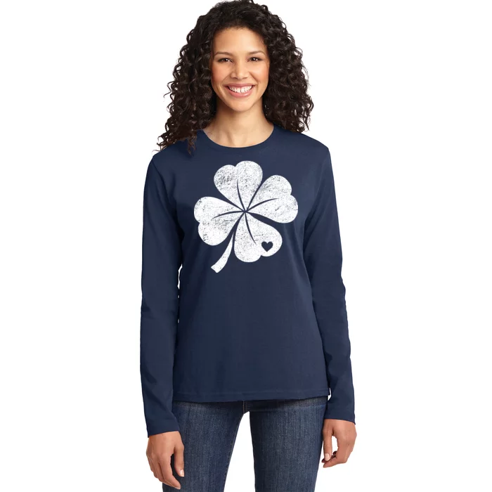 Vintage Irish Clover Heart Ladies Long Sleeve Shirt