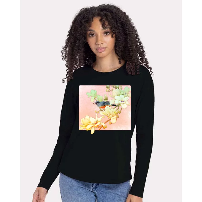 Vintage Japanese Bird Flowers Womens Cotton Relaxed Long Sleeve T-Shirt