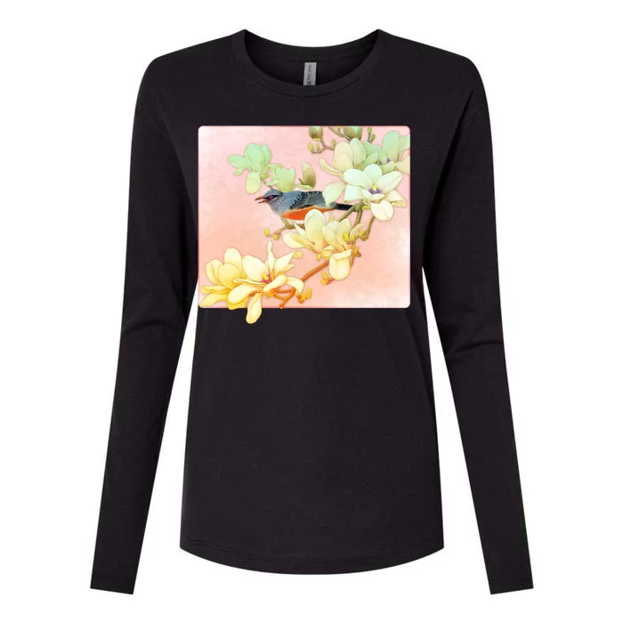 Vintage Japanese Bird Flowers Womens Cotton Relaxed Long Sleeve T-Shirt