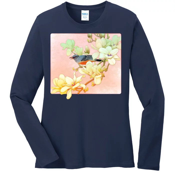 Vintage Japanese Bird Flowers Ladies Long Sleeve Shirt