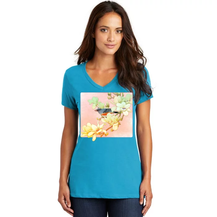 Vintage Japanese Bird Flowers Women's V-Neck T-Shirt