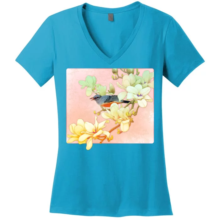 Vintage Japanese Bird Flowers Women's V-Neck T-Shirt