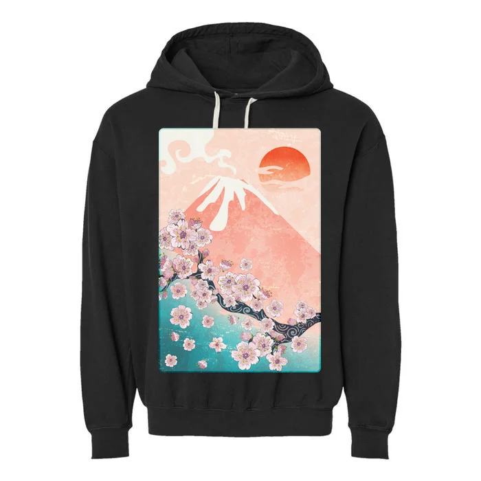 Vintage Japanese Cherry Blossoms with Mount Fuji Garment-Dyed Fleece Hoodie