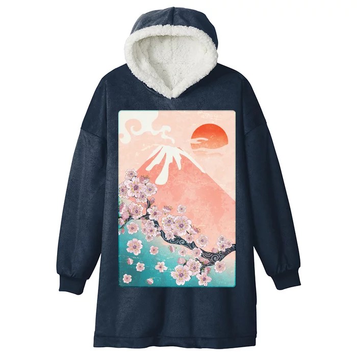 Vintage Japanese Cherry Blossoms with Mount Fuji Hooded Wearable Blanket