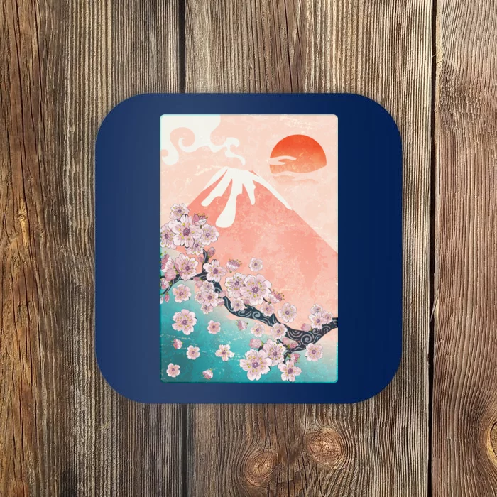 Vintage Japanese Cherry Blossoms with Mount Fuji Coaster