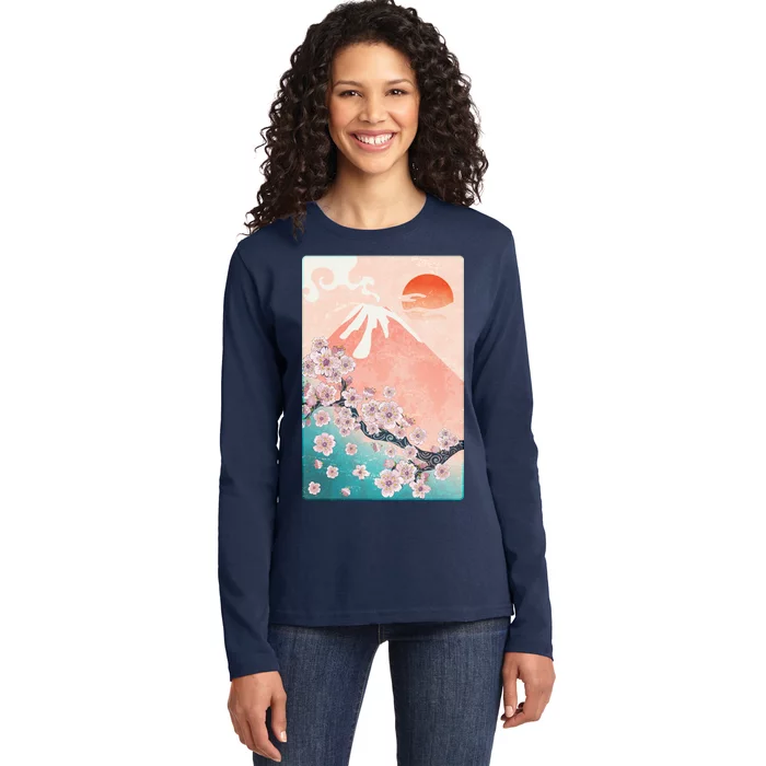 Vintage Japanese Cherry Blossoms with Mount Fuji Ladies Long Sleeve Shirt