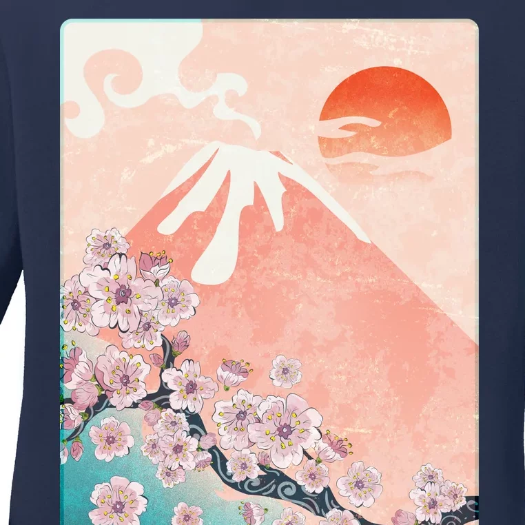 Vintage Japanese Cherry Blossoms with Mount Fuji Ladies Long Sleeve Shirt