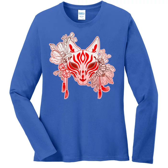 Vintage Japanese Fox Kitsune Mask and Flowers Ladies Long Sleeve Shirt