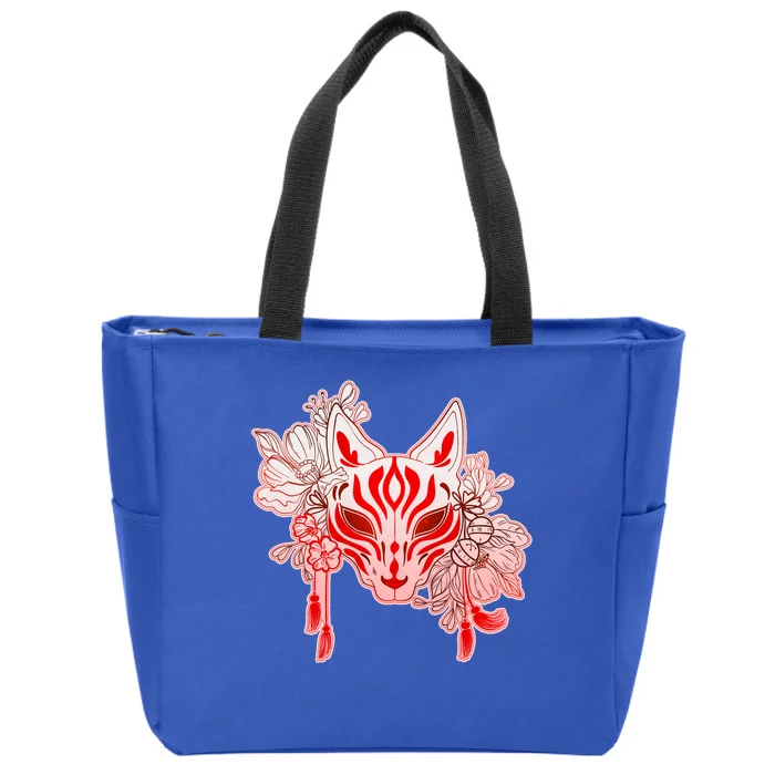 Vintage Japanese Fox Kitsune Mask and Flowers Zip Tote Bag