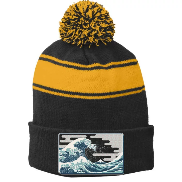 Vintage Japanese Great Wave Stripe Pom Pom Beanie