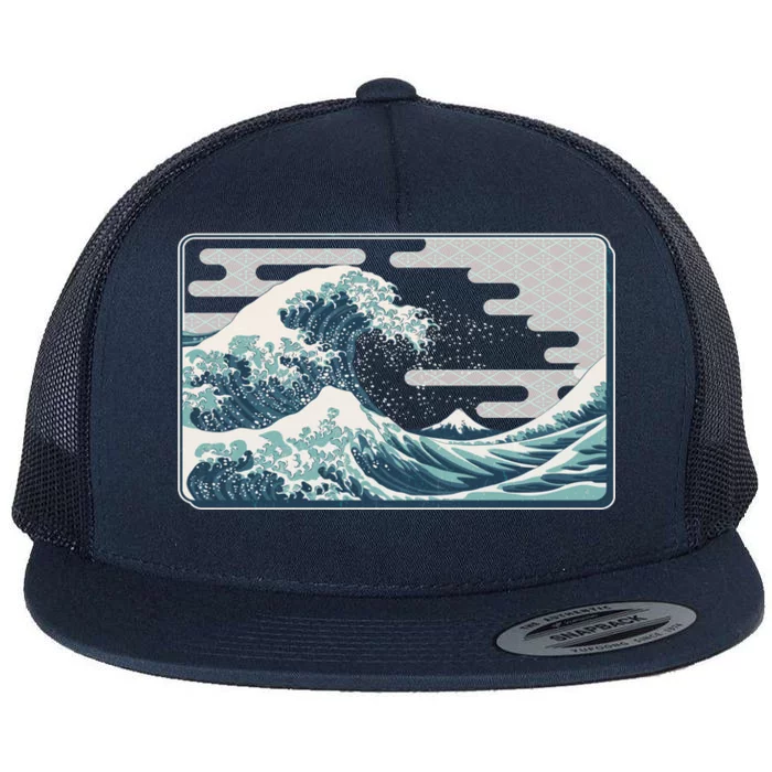 Vintage Japanese Great Wave Flat Bill Trucker Hat