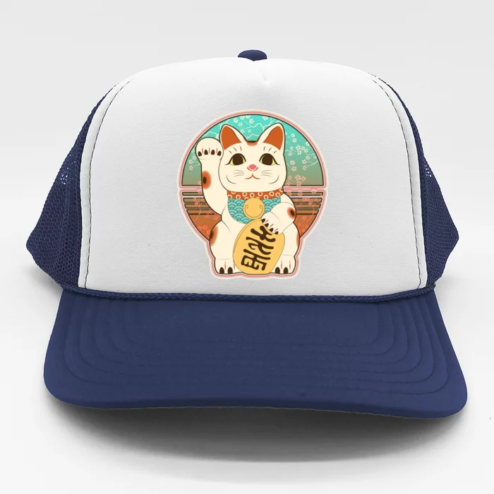 Vintage Japanese Maneki Neko Lucky Cat Trucker Hat