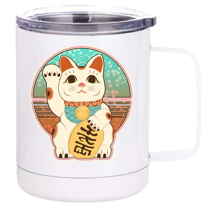 Vintage Japanese Maneki Neko Lucky Cat Front & Back 12oz Stainless Steel Tumbler Cup