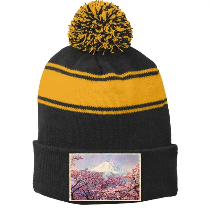 Vintage Japanese Mt. Fuji & Cherry Blossoms Stripe Pom Pom Beanie