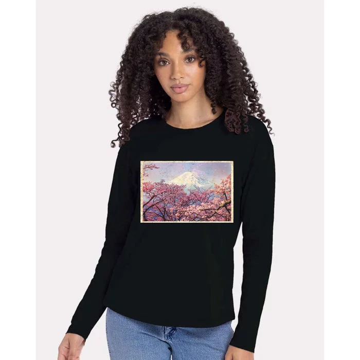 Vintage Japanese Mt. Fuji & Cherry Blossoms Womens Cotton Relaxed Long Sleeve T-Shirt