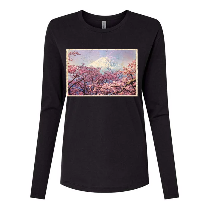 Vintage Japanese Mt. Fuji & Cherry Blossoms Womens Cotton Relaxed Long Sleeve T-Shirt