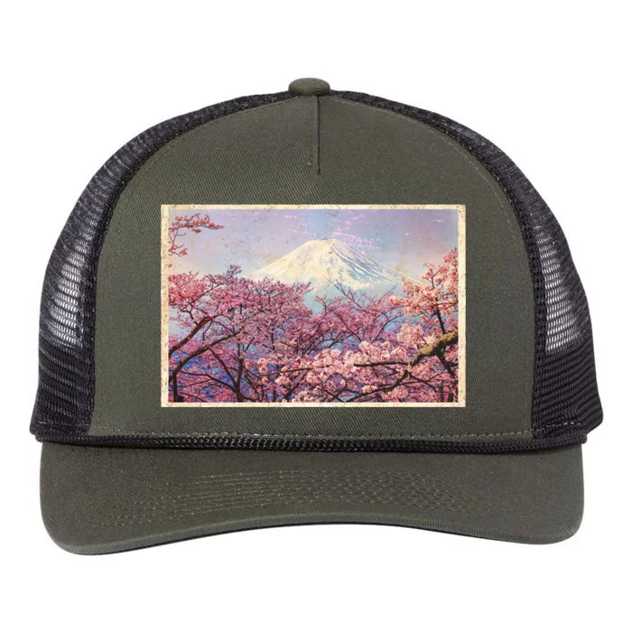 Vintage Japanese Mt. Fuji & Cherry Blossoms Retro Rope Trucker Hat Cap