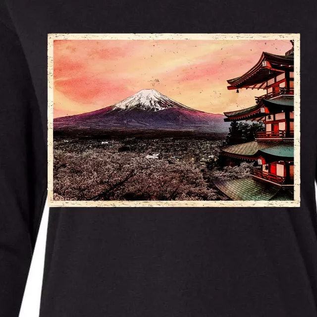 Vintage Japanese Mt. Fuji Pagoda and Cherry Blossoms Womens Cotton Relaxed Long Sleeve T-Shirt