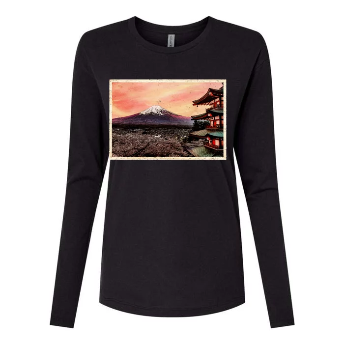 Vintage Japanese Mt. Fuji Pagoda and Cherry Blossoms Womens Cotton Relaxed Long Sleeve T-Shirt