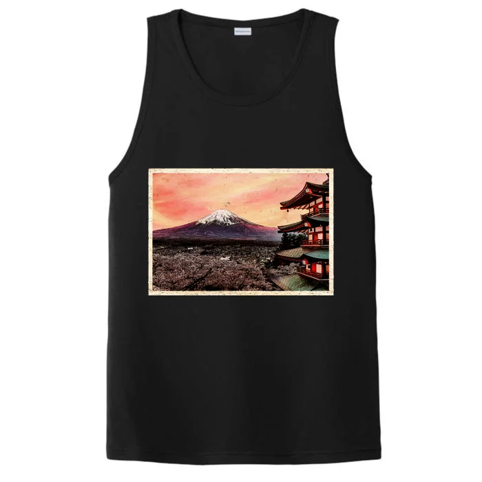 Vintage Japanese Mt. Fuji Pagoda and Cherry Blossoms Performance Tank