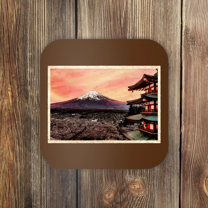 Vintage Japanese Mt. Fuji Pagoda and Cherry Blossoms Coaster